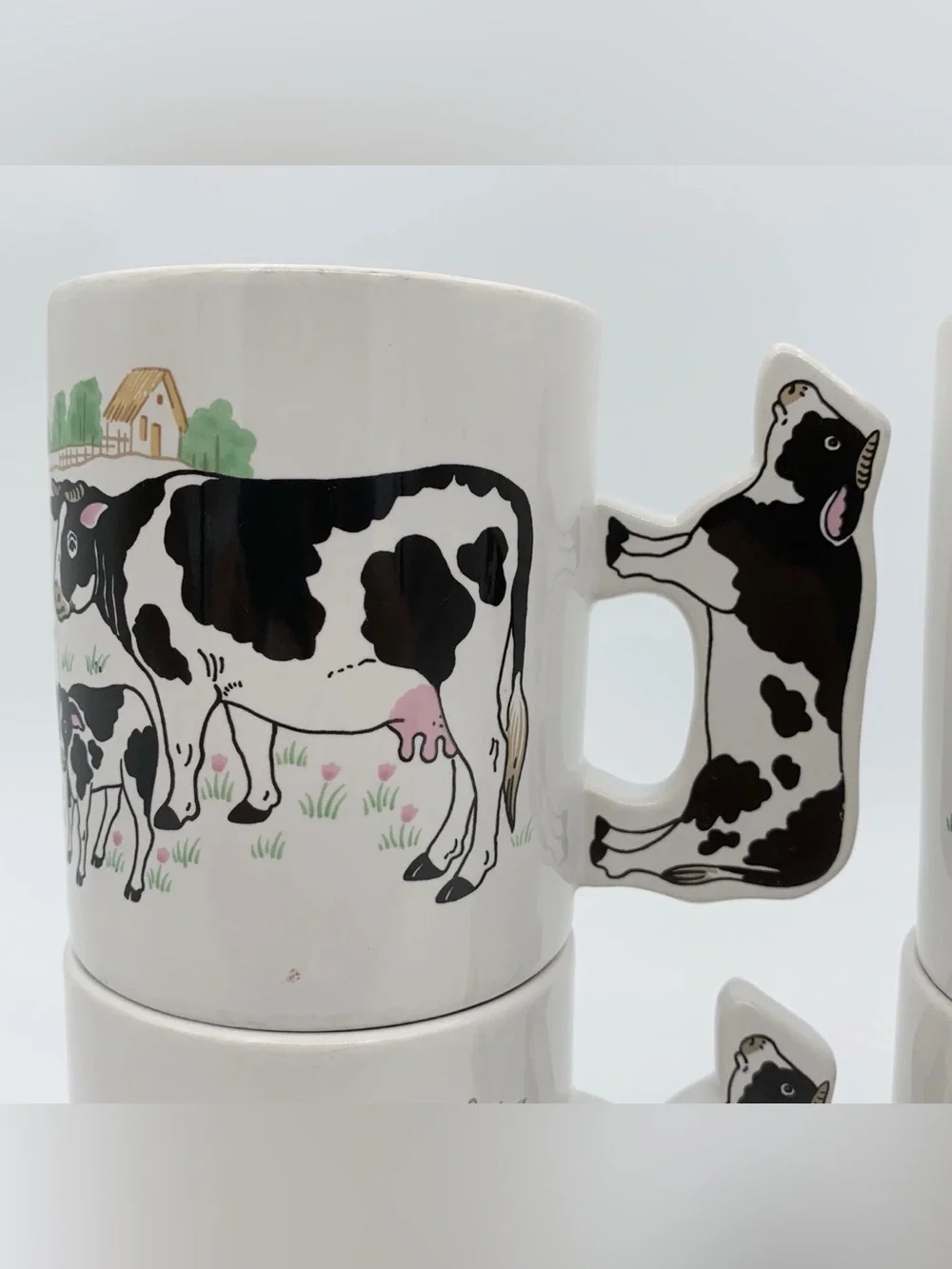 Vintage Enesco Cow Coffee Mug Cow-Shaped Handle FOUR {4} PIECE SET USED.
